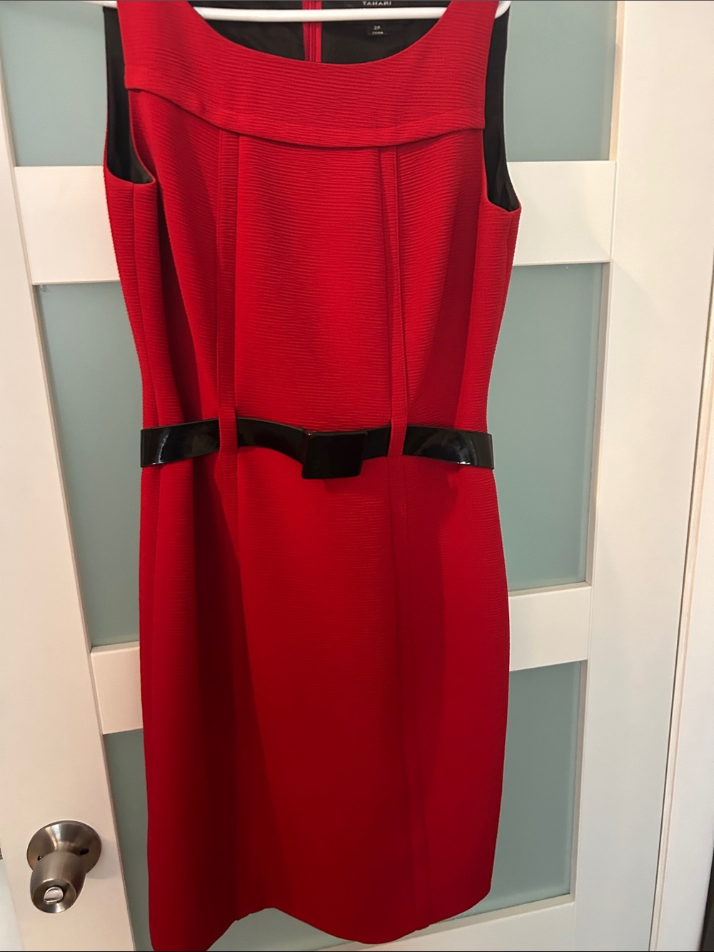 Red Sleeveless Midi Dress with Black Patent Belt
